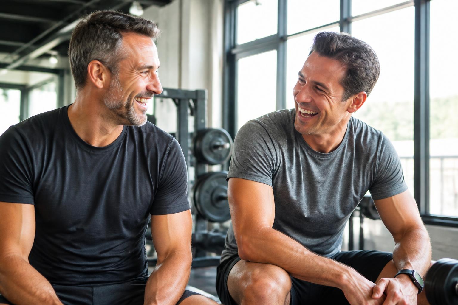 Two men in their forties training together in a gym