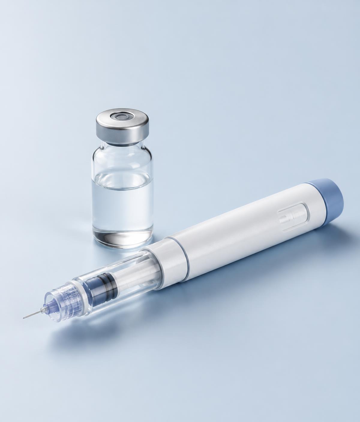 Injection pen and vial on a pale blue surface